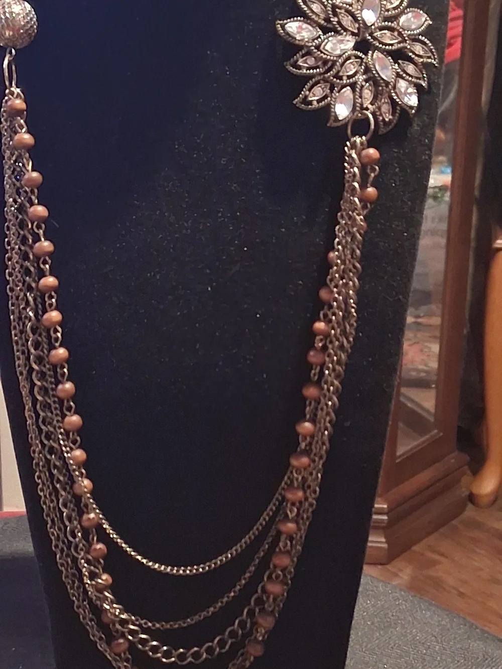 Vintage-Style Bronze Multi-Strand Necklace Rhinestone Flower 24